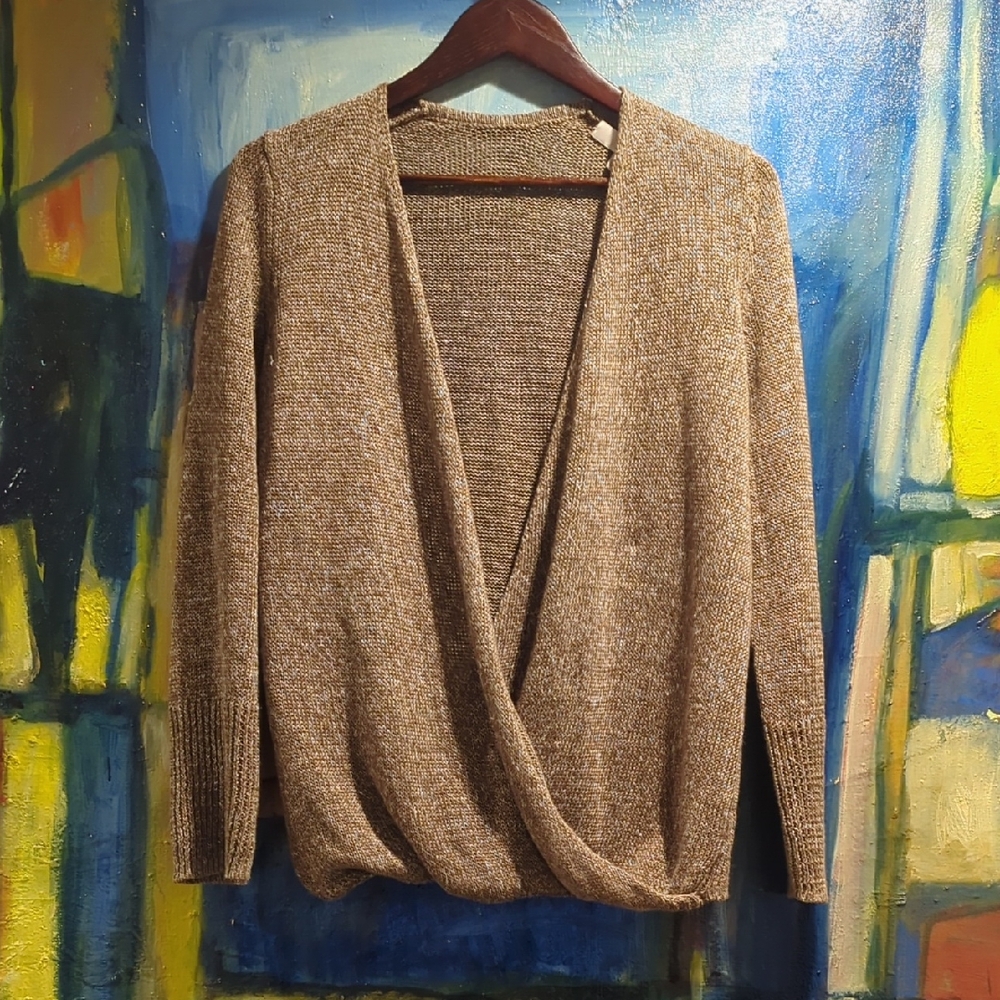 EE by Etcetera marled knit linen popover sweater with a wrap effect, size small